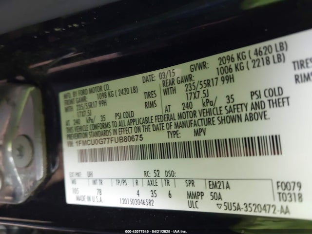 Ford ESCAPE SE 2015 1FMCU0G77FUB80675 Image 9
