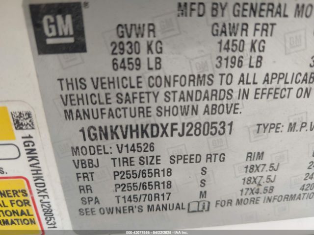1GNKVHKDXFJ280531 Chevrolet Traverse 2lt