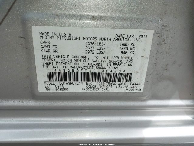 2011 MITSUBISHI GALANT 4A32B2FF4BE024234 Photo 8