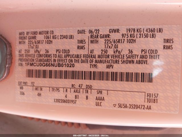 1FMCU0G66NUB01020 Ford ESCAPE SE