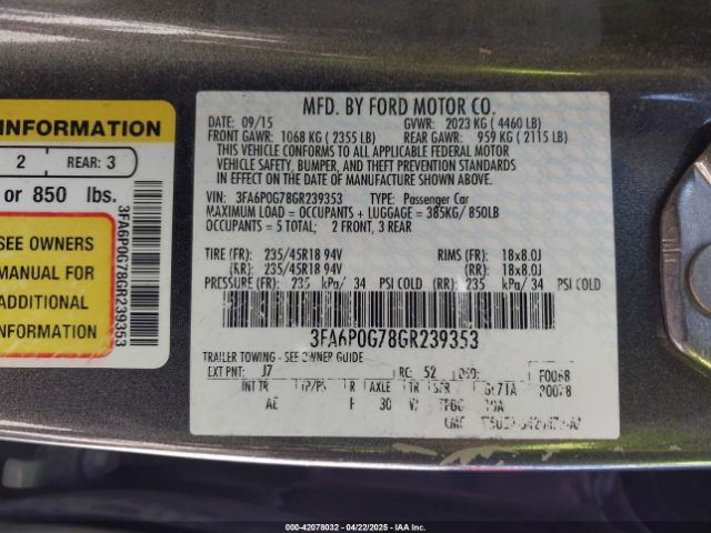 3FA6P0G78GR239353 Ford FUSION S