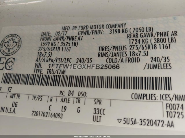 1FTFW1EGXHFB25066 Ford F-150 Xlt