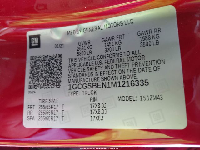1GCGSBEN1M1216335 Chevrolet Colorado 2wd  Short Box Wt