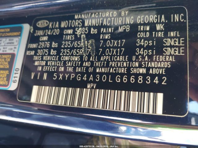 5XYPG4A30LG668342 KIA Sorento 2.4l Lx