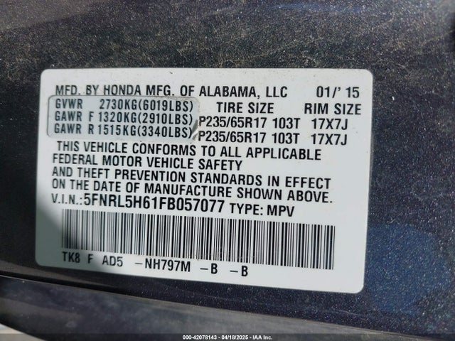 5FNRL5H61FB057077 Honda Odyssey Ex-l