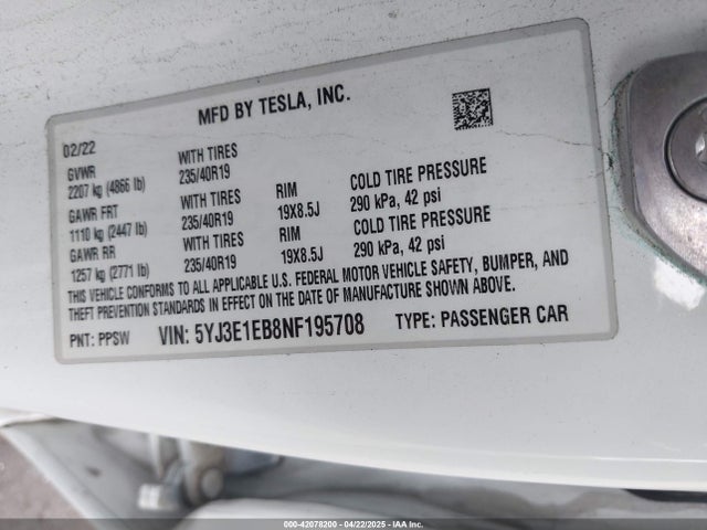 2022 TESLA MODEL 3 5YJ3E1EB8NF195708 Photo 8