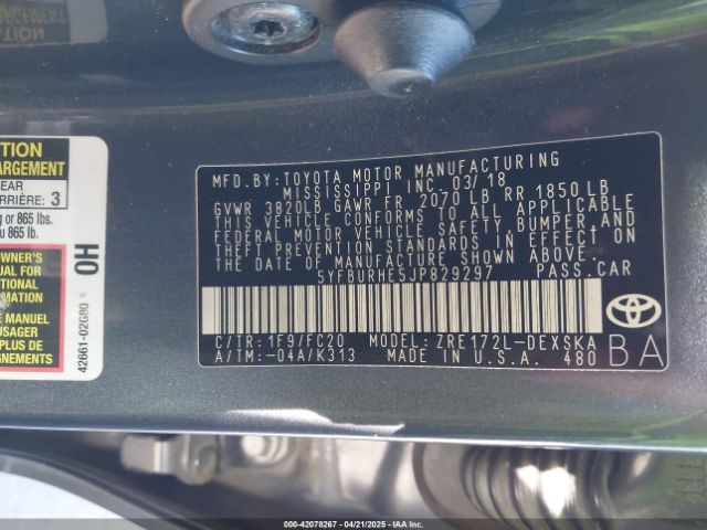 5YFBURHE5JP829297 Toyota COROLLA SE
