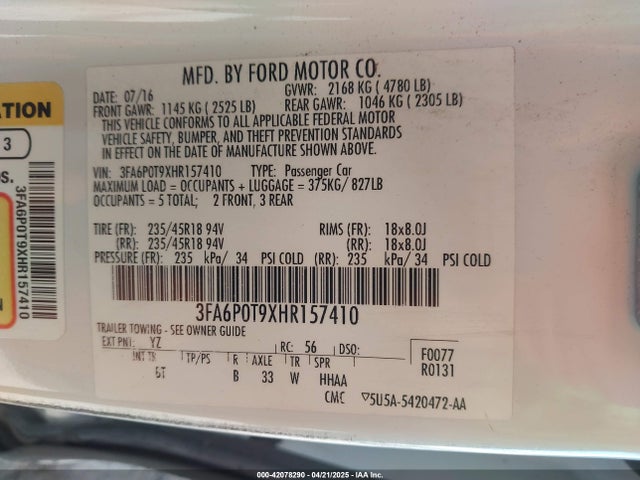 3FA6P0T9XHR157410 Ford 2.0l gtdi premium fuel