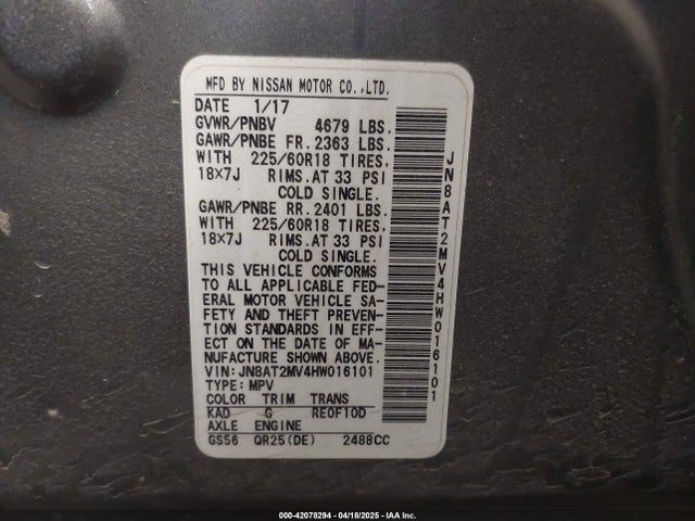 JN8AT2MV4HW016101 Nissan Rogue Sl