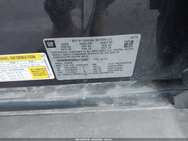1GNKRHKD0HJ112307 Chevrolet Traverse 2lt