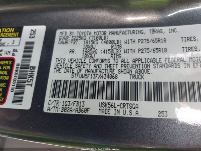 5TFUW5F13FX434068 Toyota Tundra Sr5 5.7l V8