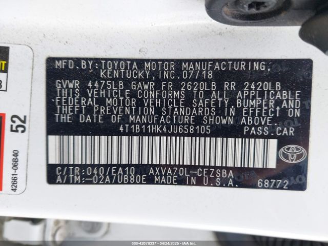 4T1B11HK4JU658105 Toyota CAMRY SE