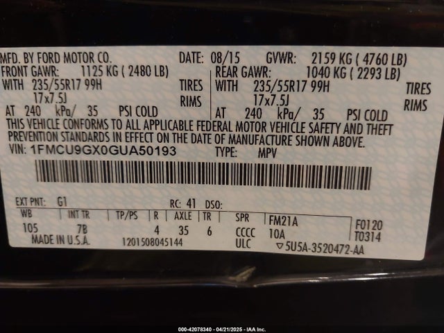 1FMCU9GX0GUA50193 Ford ESCAPE SE