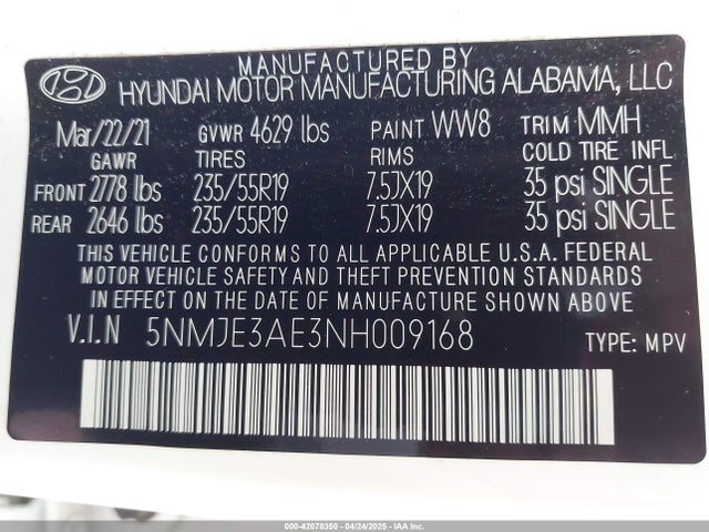 5NMJE3AE3NH009168 Hyundai gdi theta iii