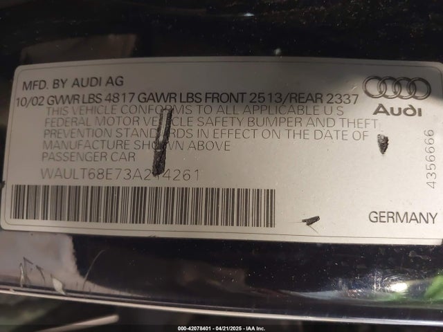 2003 AUDI A4 WAULT68E73A214261 Photo 8
