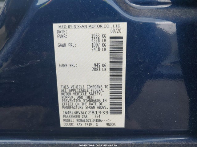 1N4BL4BV6LC281939 Nissan Altima S Fwd