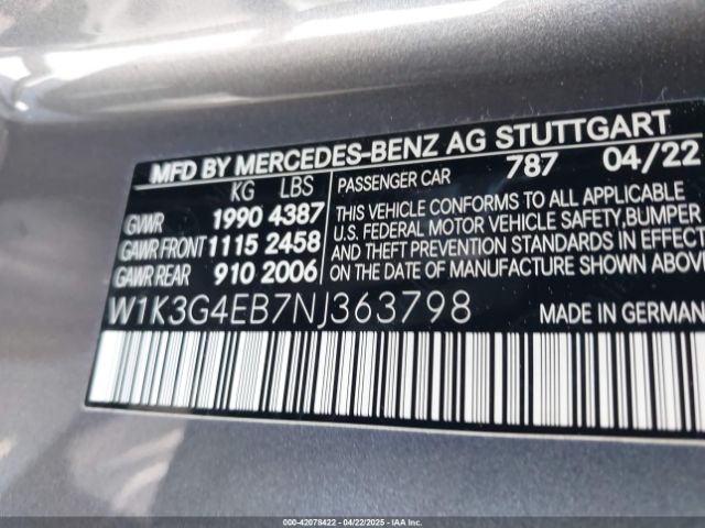 W1K3G4EB7NJ363798 Mercedes-Benz A 220