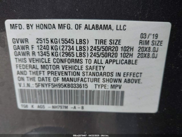 5FNYF5H95KB033615 Honda Pilot Touring