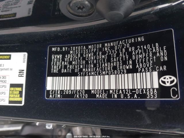 5YFS4MCE5MP058029 Toyota Corolla Se Nightshade Edition