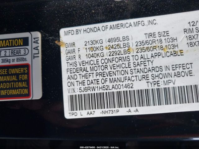 5J6RW1H52LA001462 Honda Cr-v 2wd Ex