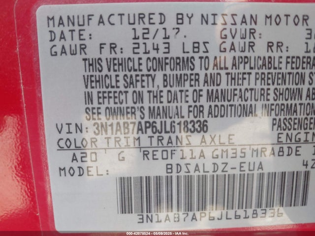 3N1AB7AP6JL618336 Nissan SENTRA SV