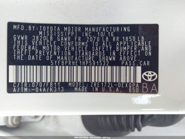 5YFBPRHE1HP591532 Toyota Corolla Le Eco