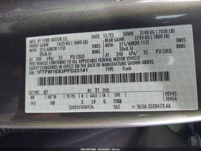 1FTFW1E83PFD23141 Ford F-150 Lariat