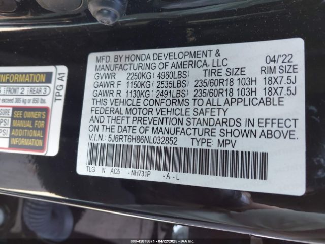 5J6RT6H86NL032852 Honda Cr-v Hybrid Ex-l