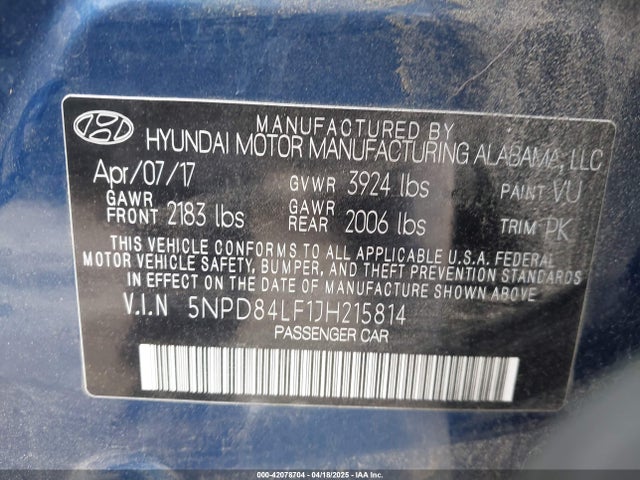 5NPD84LF1JH215814 Hyundai ELANTRA SEL