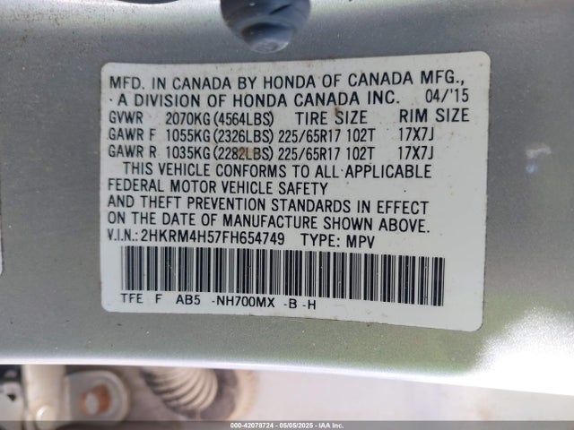 Honda k24w9 2015 2HKRM4H57FH654749 Image 9