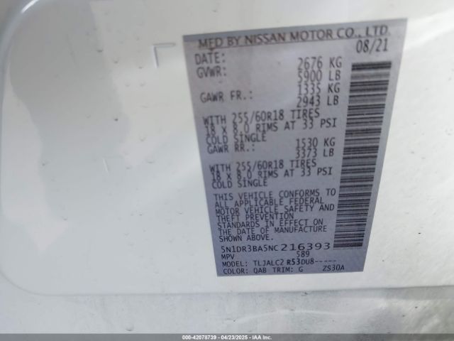 5N1DR3BA5NC216393 Nissan Pathfinder Sv 2wd