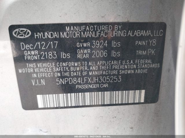 5NPD84LFXJH305253 Hyundai ELANTRA SEL