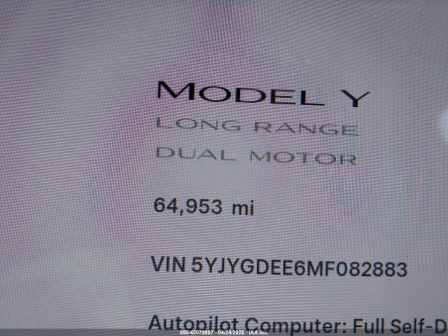5YJYGDEE6MF082883 Tesla Model Y Long Range Dual Motor All-wheel Drive