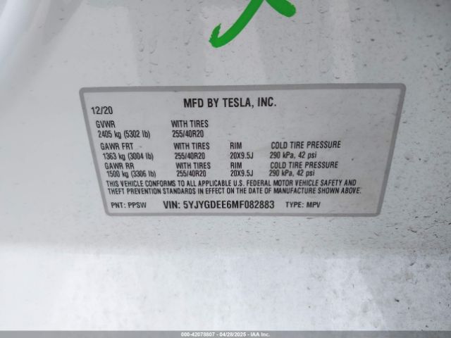 5YJYGDEE6MF082883 Tesla Model Y Long Range Dual Motor All-wheel Drive
