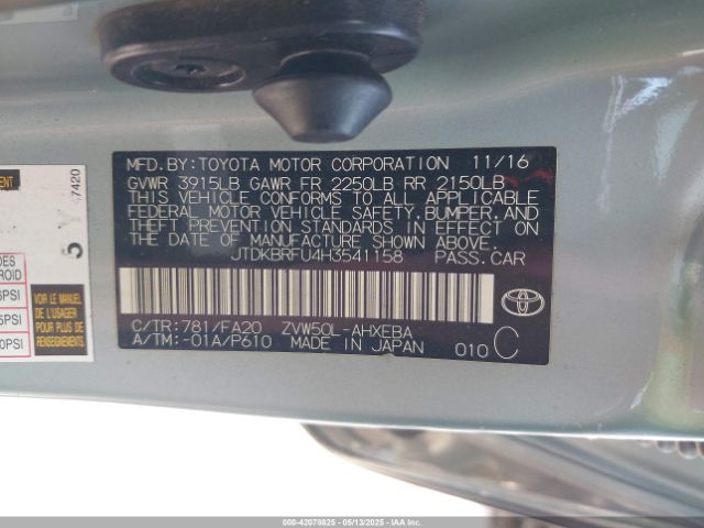 JTDKBRFU4H3541158 Toyota Prius Two