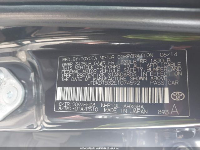 JTDKDTB32E1074592 Toyota Prius C Three