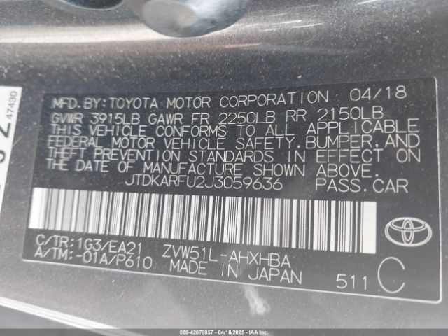 JTDKARFU2J3059636 Toyota 2zr-fxe,1nm