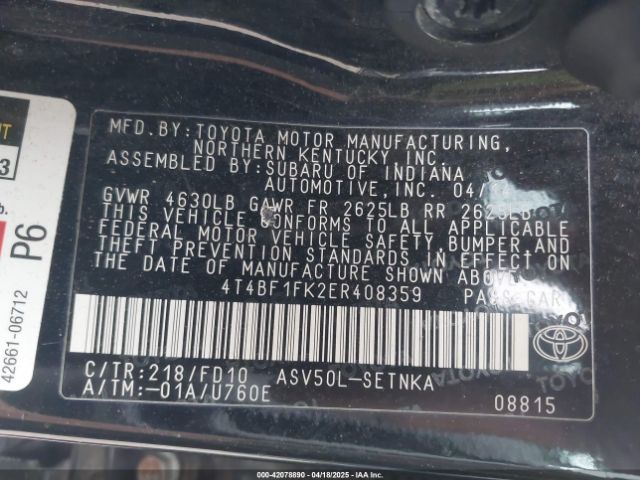 4T4BF1FK2ER408359 Toyota CAMRY LE