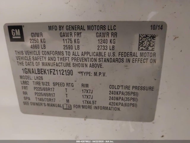 1GNALBEK1FZ112190 Chevrolet EQUINOX 1LT