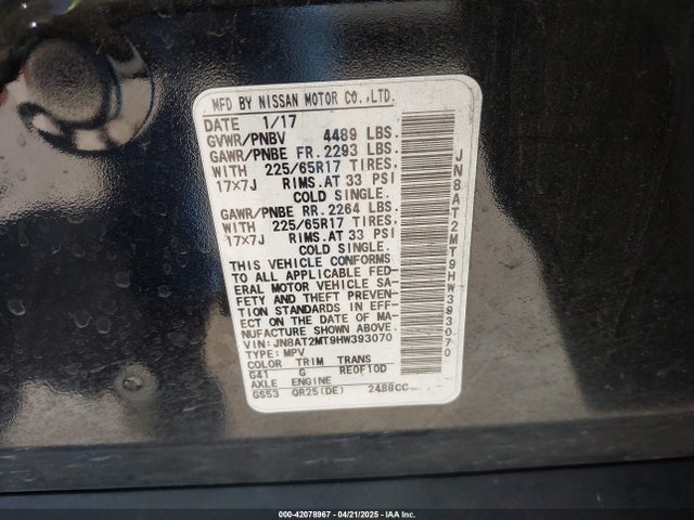 JN8AT2MT9HW393070 Nissan ROGUE SV