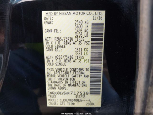 1N6DD0EV6HN717539 Nissan Frontier Pro-4x