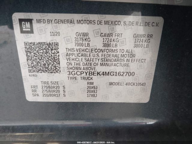 3GCPYBEK4MG162700 Chevrolet Silverado 1500 4wd  Short Bed Custom