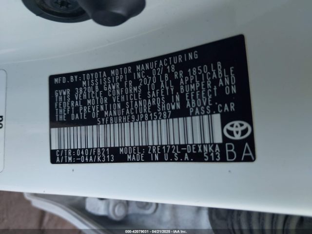 5YFBURHE9JP815287 Toyota COROLLA LE