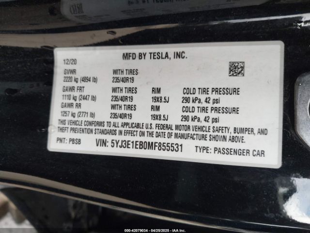 5YJ3E1EB0MF855531 Tesla Model 3 Long Range Dual Motor All-wheel Drive