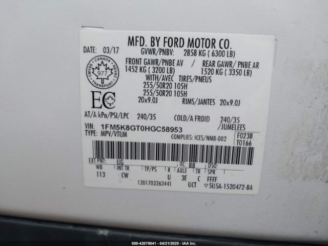 1FM5K8GT0HGC58953 Ford EXPLORER SPORT