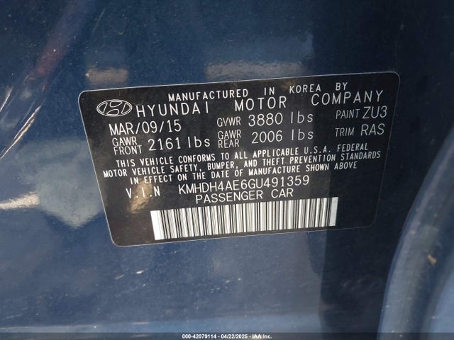 KMHDH4AE6GU491359 Hyundai ELANTRA SE