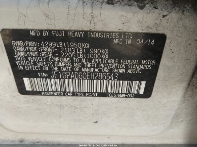 JF1GPAD60EH286543 Subaru Impreza 2.0i Premium