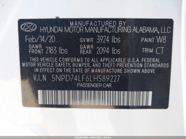 5NPD74LF6LH589227 Hyundai ELANTRA SE