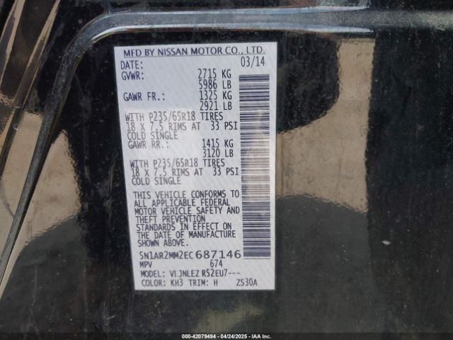 5N1AR2MM2EC687146 Nissan Pathfinder Sv