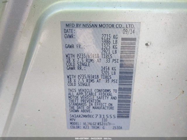 Nissan Pathfinder Sl 2014 5N1AR2MN9EC731555 Image 9